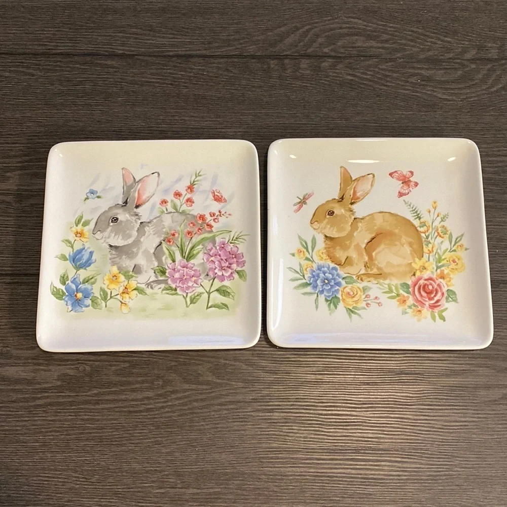 Spring Flowers & Bunny serving plates. White. Set of 2. Colorful Pastels.
